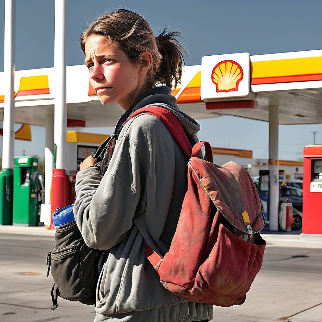 Homeless woman at a Shell gas station