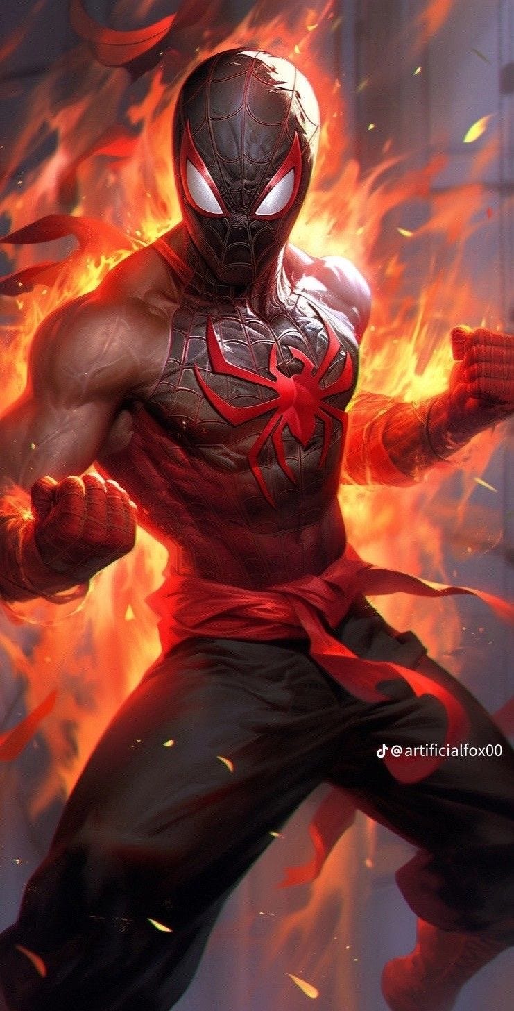 spider - man in red and black costume with flames around him, holding his arms out