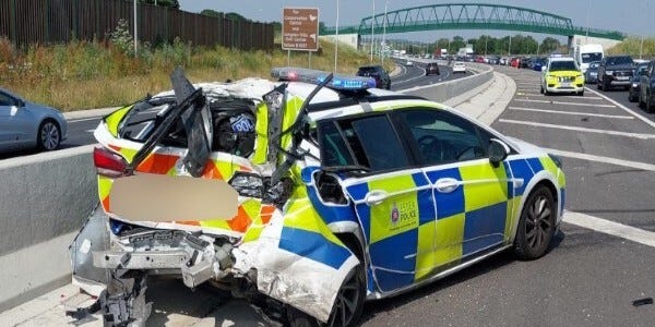 Essex police car on A13 with heavy damage to rear end resulting in car being unrepairable