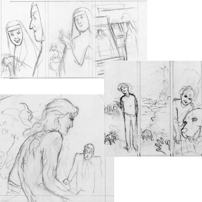 Three pencil drawings by Colleen Doran from within the Good Omens graphic novel.