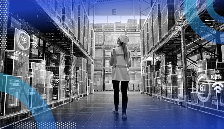 A woman walking through a warehouse with technological holograms over the product.