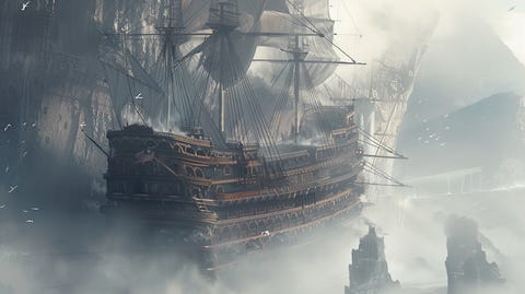 Image with a pirate ship waiting in the fog close to the port.