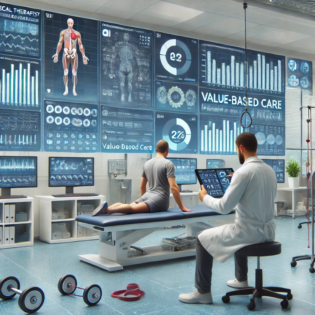 A highly detailed and scientific illustration of a physical therapist working in a value-based care model. The scene features a modern physical therapy clinic where the therapist uses advanced technology, such as a tablet displaying detailed patient progress charts, biometric data, and outcome metrics. Surrounding the therapist are screens with graphs, predictive analytics, and patient satisfaction scores. The patient is engaged in therapeutic exercises with equipment like resistance bands and balance tools. The environment is clean, professional, and data-driven, emphasizing the scientific approach of value-based care. Professional, realistic digital artwork.
