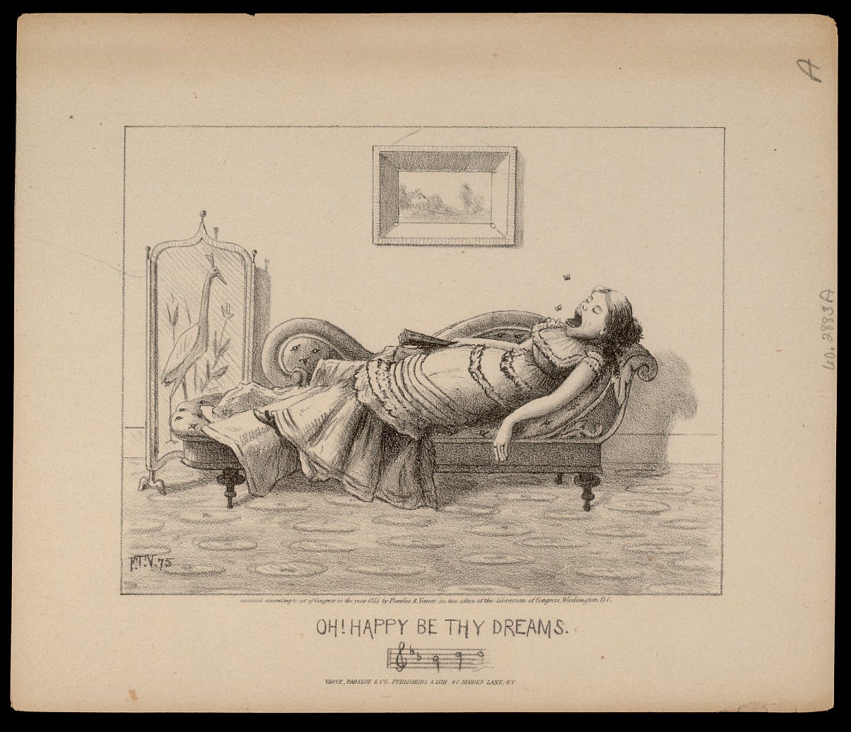 Black and white comic print of a woman sleeping on the couch with mouth wide open. Two insects are flying around her mouth. A bar of music appears below the title. This is one of over 100 in a series of comic parodies of popular songs.