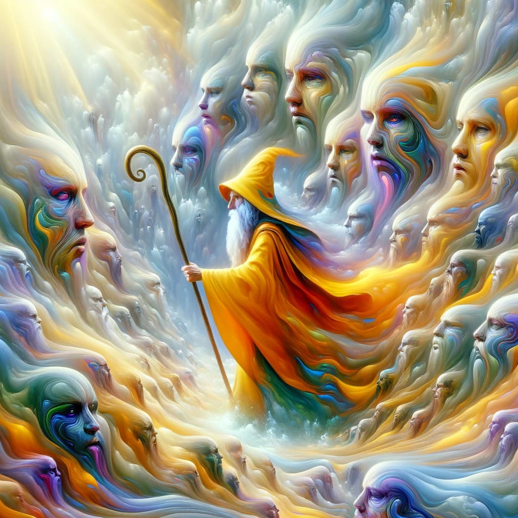 A wizard in vibrant yellow robes, resembling a Moses-like figure, is leading an exodus through a sea of distorted, abstract faces. The wizard holds a staff, exuding an aura of power and wisdom. The faces in the sea appear surreal and ethereal, with a variety of expressions and colors, blending into an almost dreamlike landscape. The scene conveys a sense of mysticism and a journey through a fantastical realm, with a bright, moonlit sky casting a soft glow over the entire scene.