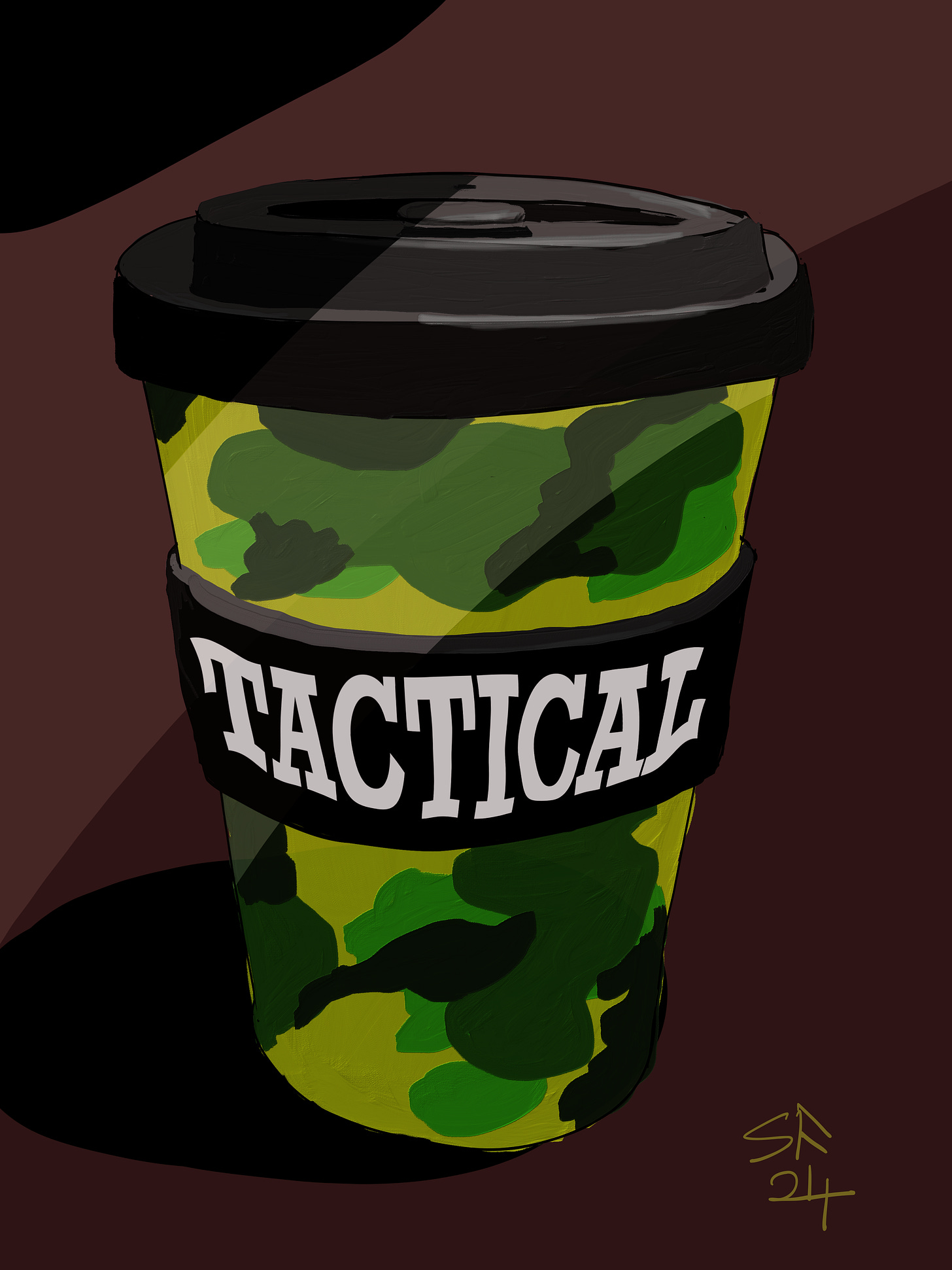 Cartoon: camouflage keep cup with 'tactical' stencilled on the side, against dark background