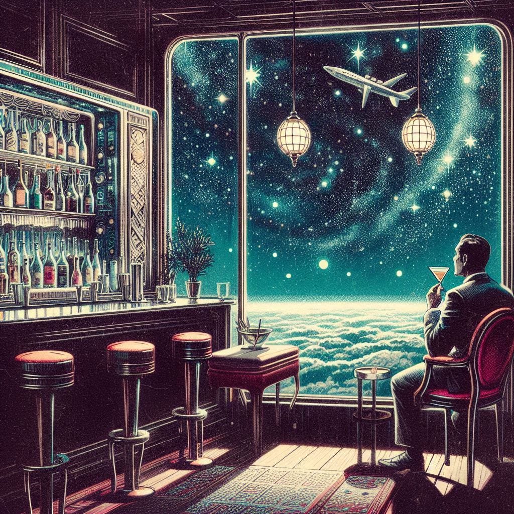  speakeasy in space, stars out the window, 60s sci-fi drawing