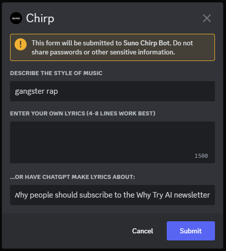 Asking Chirp for ganster rap about Why Try AI newsletter