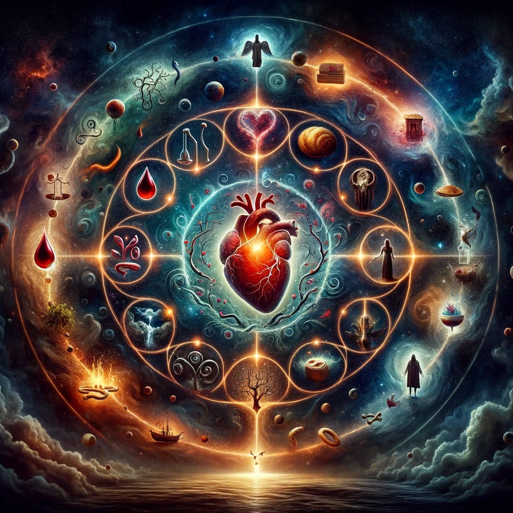 Create a visually striking image that represents the concept of a cosmic heartbeat, capturing the essence of creation, complexity, and the cyclical process of evolving from chaos to order. The central focus is an abstract, glowing heart symbolizing creation's core, surrounded by a cyclical pattern of elements representing Time: blood droplets, snakes, wine, female figures, and floods, showcasing cyclical rebirth and renewal. Anchoring the corners in a square formation are symbols of Space: bones transforming into trees, bread for sustenance, male figures, and dry land, embodying stability and order. Between these elements, abstract swirls of darkness and light illustrate the transition between chaos and order, with the universe's vast cosmos as the backdrop. Include ancillary symbols like a miniature ark, a tiny oasis, and a division between light and dark to hint at specific anecdotes of creation versus chaos, Noah’s Ark versus the flood, and the Promised Land versus wilderness wandering. The image should be a rich tapestry of symbolic meaning, highlighting the universal process of creation from chaos and the balance between order and chaos.