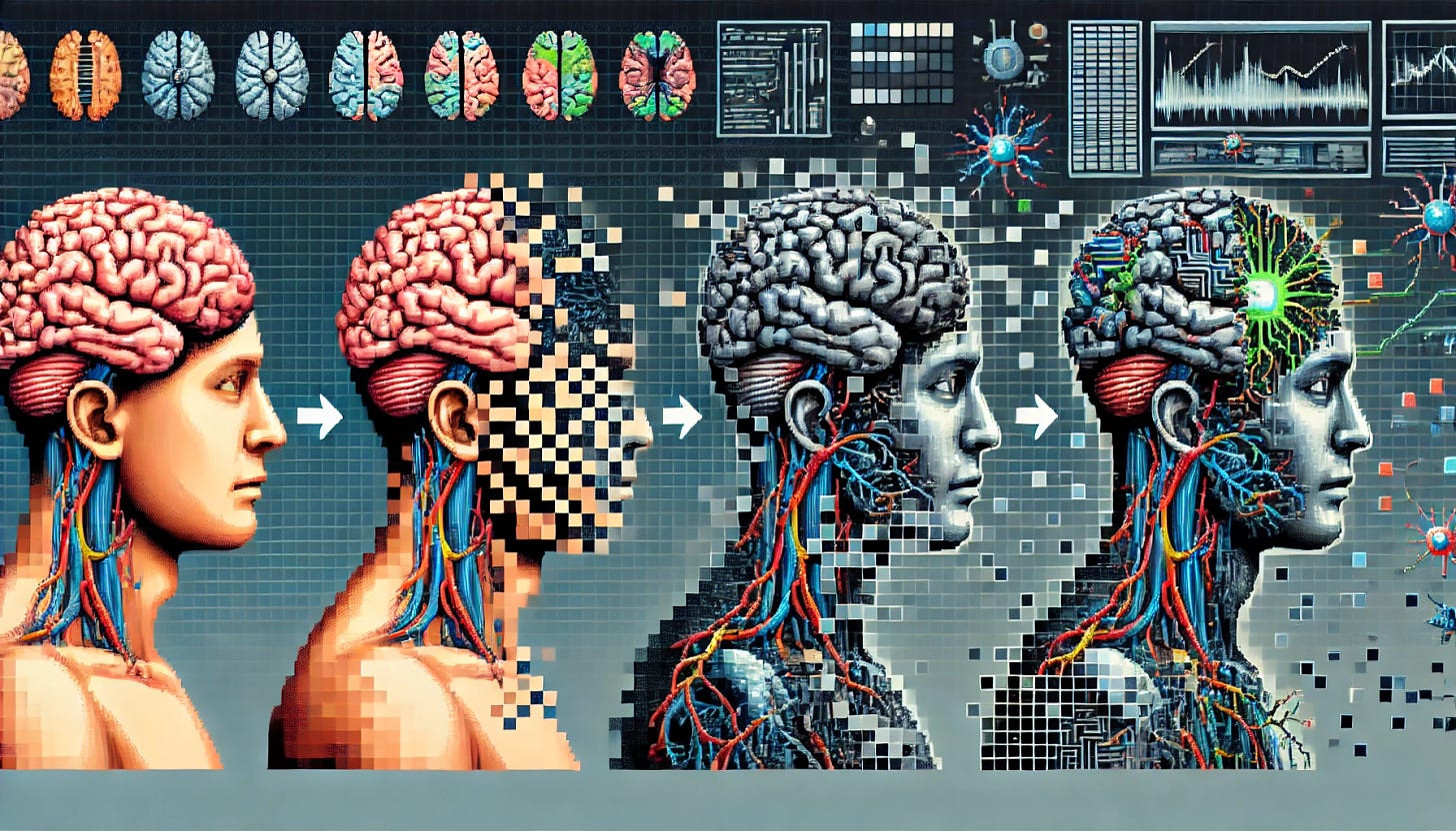 An 8-bit style image showing a person slowly having their brain replaced by silicon-based neurons. The scene depicts the gradual transformation, with one half of the brain appearing pixelated and organic and the other half showing pixelated, metallic silicon-based neurons. The organic side features traditional pixelated neural structures, while the silicon side is composed of sleek, metallic circuits and connections in 8-bit style. The transformation is depicted in stages, with parts of the brain transitioning from organic to silicon. The background includes pixelated scientific and technological elements, such as digital code and biological diagrams, symbolizing the fusion of biology and technology in a retro video game art style.