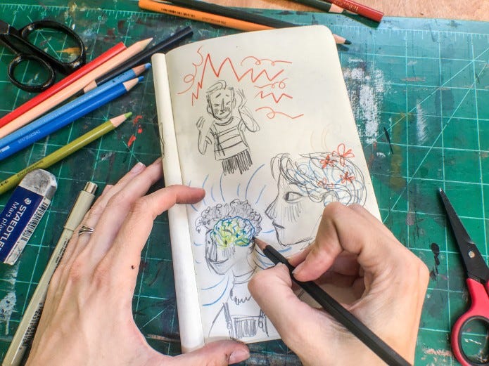 White hands illustrating green and blue brain on a black character. Other characters include a character with coral flowers in brain. And a a figure with eyes closed and orange jagged lines surrounding their head.