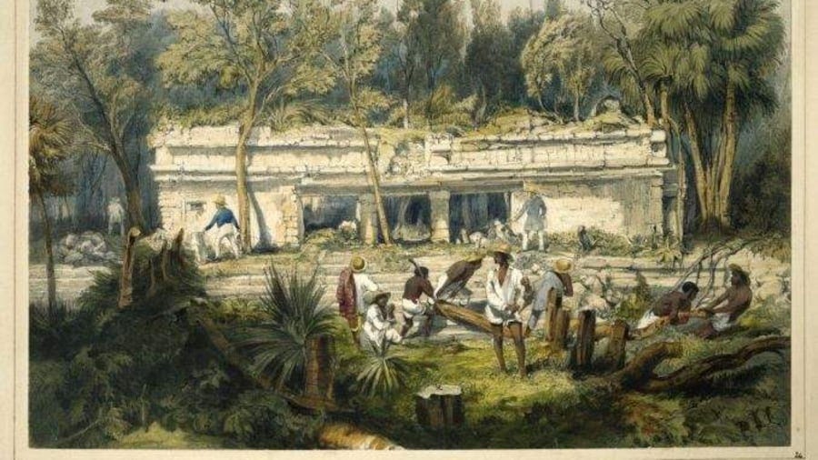 This illustration of the ruins of a Maya temple at Tulum, in Mexico, by artist Frederick Catherwood includes the only known image of him, at right rear. This illustration of the ruins of a Maya temple at Tulum, in Mexico, by artist Frederick Catherwood includes the only known image of him, at right rear.