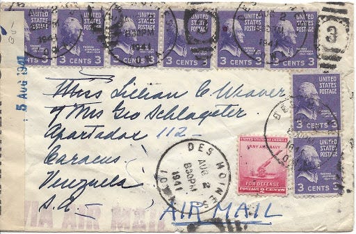 1941 air mail letter from Des Moines to Venezuela