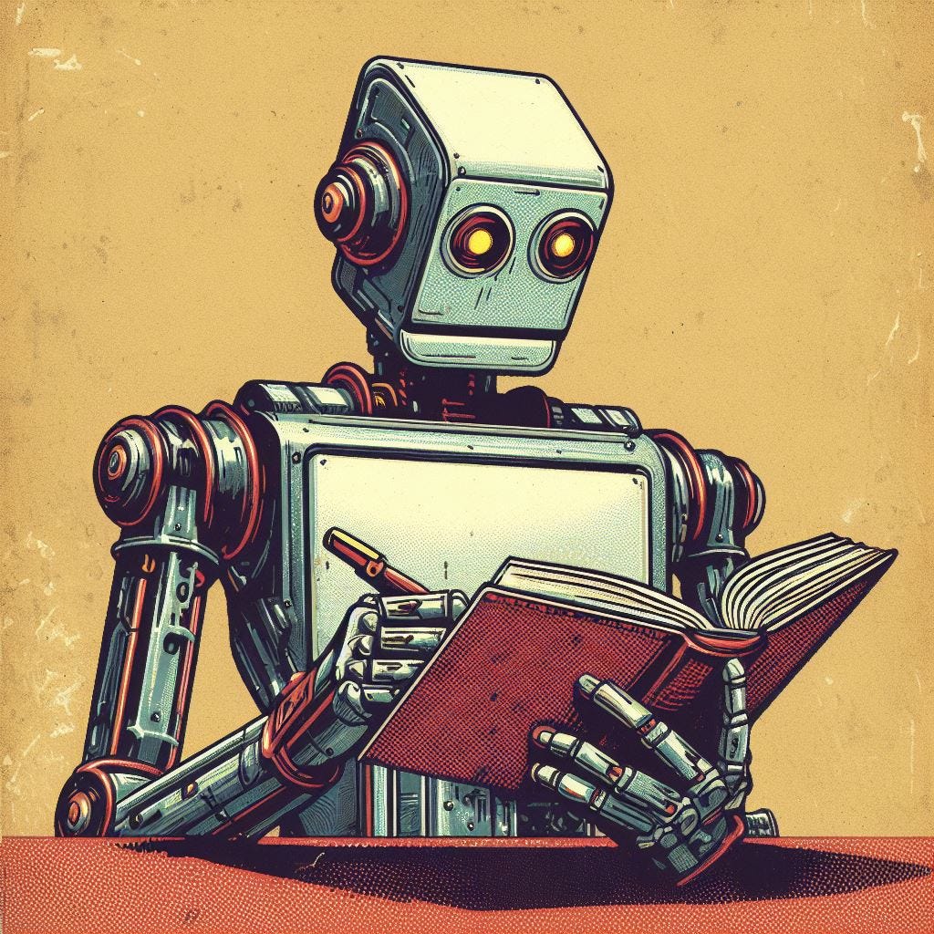 A robot writing a book, in an illustration style, retro-futuristic propaganda, detailed texture, precisionist style, pseudo-realistic, retro filters, hyper-detailed