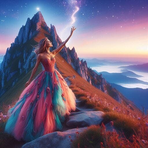 Woman in a beautiful colored flowing dress who reaches the pinnacle of her mountain that shows her pride and joy to reach the top in a magical pearl setting