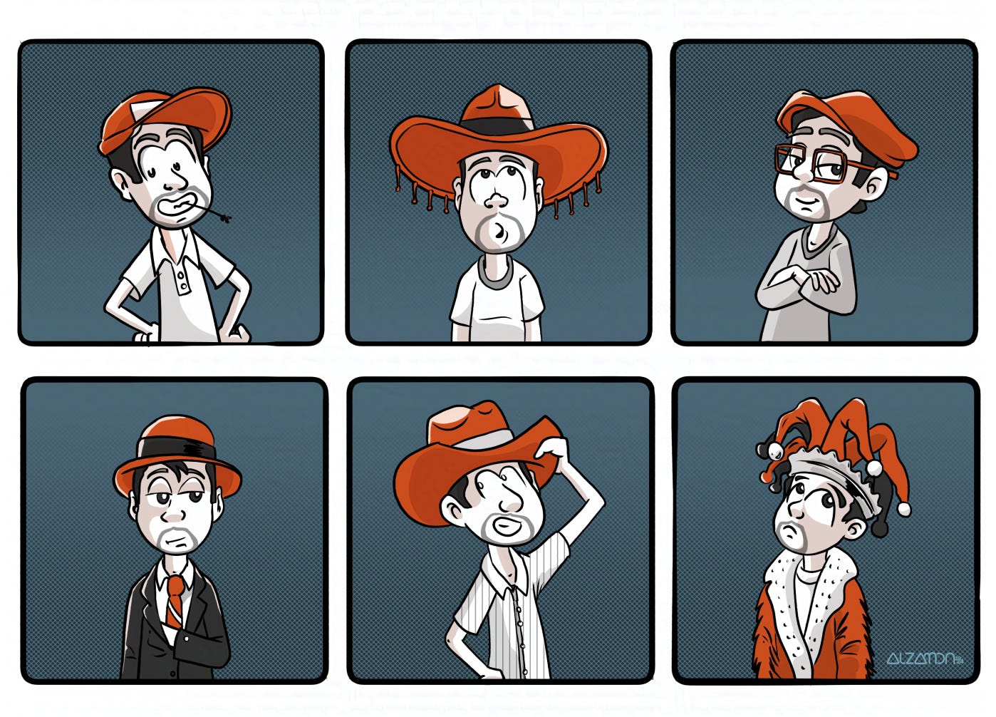 Header image of the author as cartoon mascot character wearing a variety of hats.