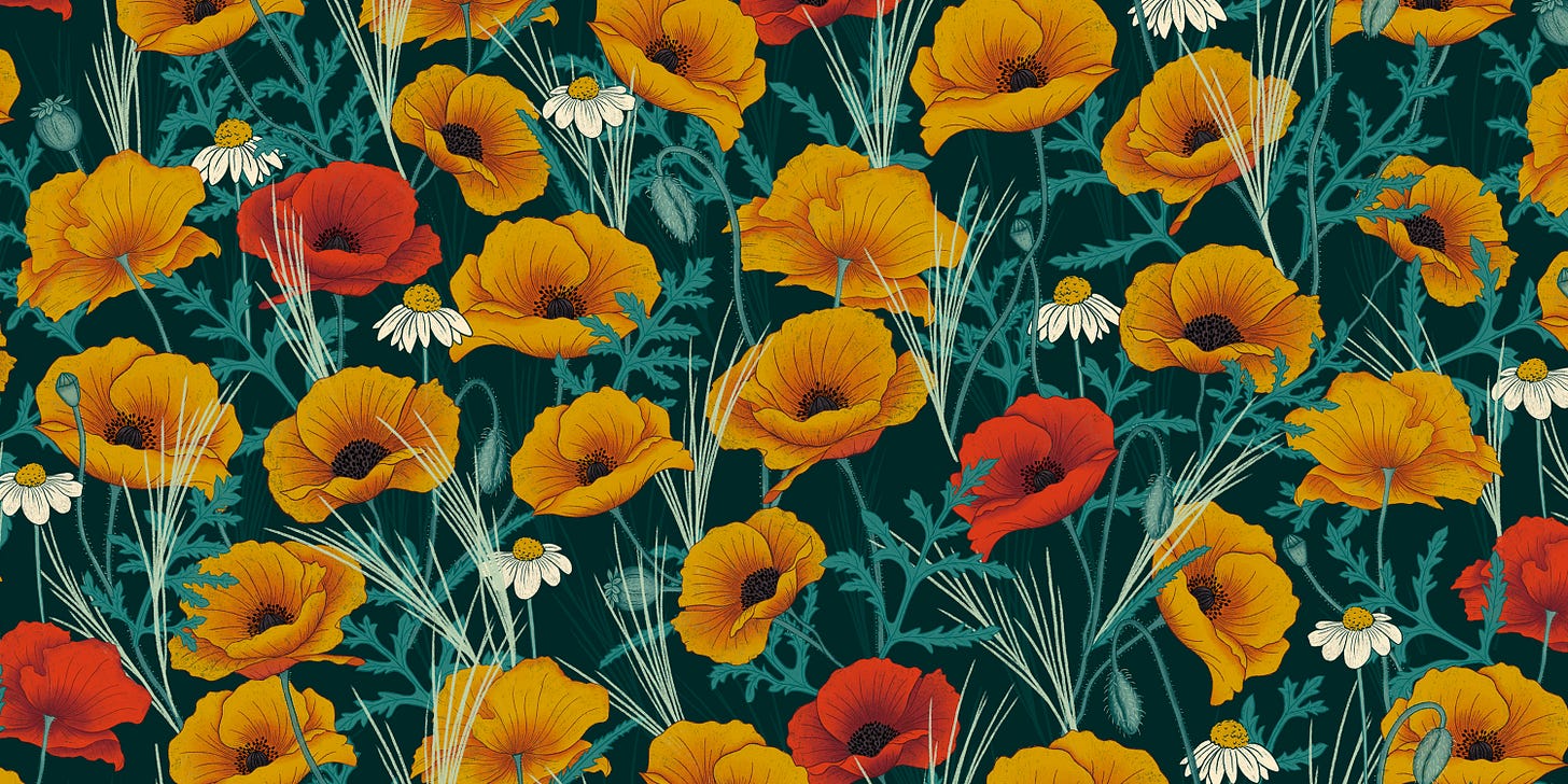 A pattern of golden poppies, daisies, and wild grasses on a dark green background. 