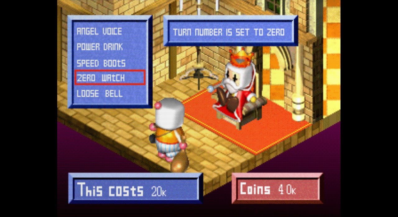 A screenshot of the shop, where the game's five purchasable items are all on sale from the start. The highlighted item in this screenshot is the Zero Watch.
