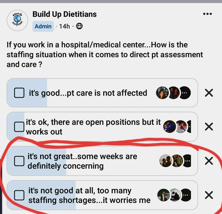 May be an image of 1 person and text that says 'Build Up Dietitians Admin 14h If you work in a hospital/m center. .How is the staffing situation when it comes to direct pt assessment and care ? it's good... care is not affected × it's ok, there are open positions but it works out x it's not great..some weeks are definitely concerning × it's not good at all, too many staffing shortages...i worries me x'