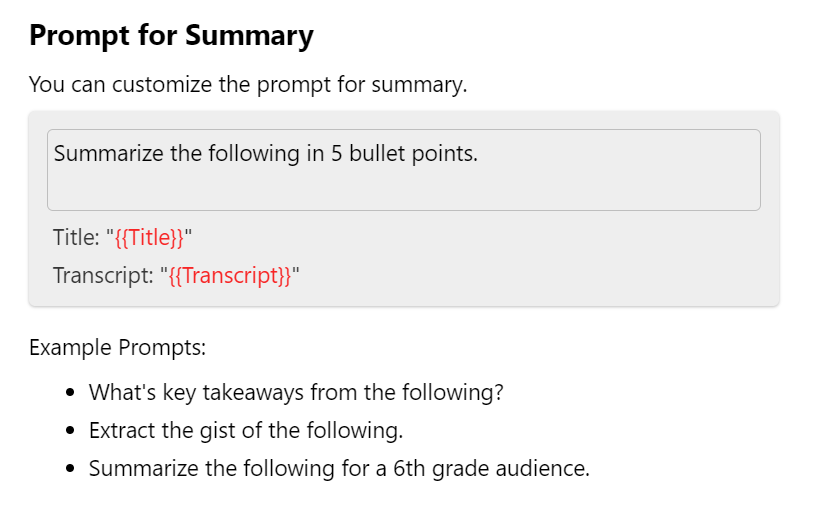 Details of Glasp's customizable prompting options.