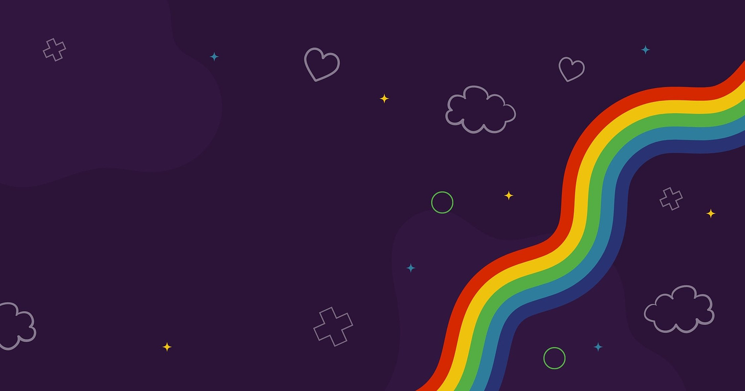 A dark purple square with a rainbow ribbon in the right corner, there are also small hearts, circles, clouds, and plus signs floating around the image