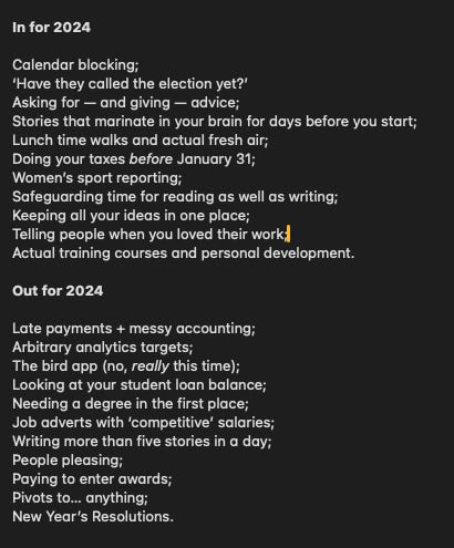 In for 2024  Calendar blocking; ‘Have they called the election yet?’ Asking for — and giving — advice; Stories that marinate in your brain for days before you start; Lunch time walks and actual fresh air; Doing your taxes before January 31; Women’s sport reporting; Safeguarding time for reading as well as writing; Keeping all your ideas in one place; Telling people when you loved their work; Actual training courses and personal development.   Out for 2024  Late payments + messy accounting; Arbitrary analytics targets; The bird app (no, really this time); Looking at your student loan balance; Needing a degree in the first place; Job adverts with ‘competitive’ salaries; Writing more than five stories in a day; People pleasing; Paying to enter awards; Pivots to… anything; New Year’s Resolutions.
