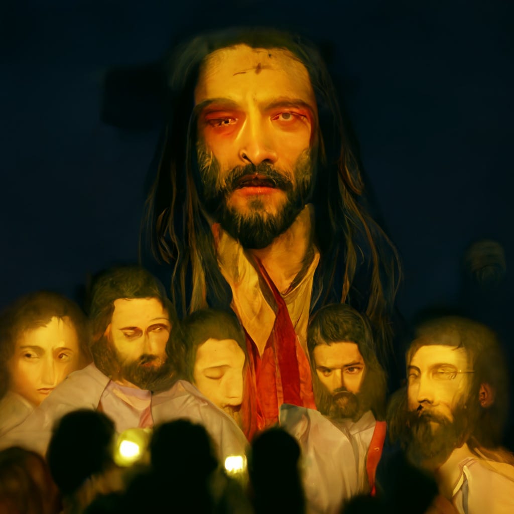 A surreal image of a man from the shoulders up with long hair and a beard, looking directly at the viewer with an intense, weary expression. He has a cross mark in ash on his forehead, and one eye is partially closed or swollen. The areas around both his eyes are red, cut and bloody. He has a garment around his neck that is bright red and suggestive of blood. Below his shoulder are five much smaller men's heads, strangely blurred and distorted. In the foreground, slightly below the smaller figures’ heads, silhouettes of people with their backs to the viewer are looking at the faces and either holding up lights or cellphones. We are viewing the painting from a similar position as them. Their silhouettes and the light they are casting combine with the painting they are viewing to form a unified composition that includes the viewer. The semi-photographic quality of the image and the man’s hair style, shirt collar, and scarf around his neck all create a vaguely modern or anachronistic impression.
