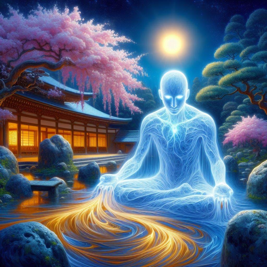 hyper realistic; tilt shift /oil painting; supernatural being standing in Ryoan-ji Temple Garden (Kyoto, Japan). Zen rock garden. tranquility. being  leans toward camera. face is close up. The light of the being is a see through white-blue-green in aura. golden silken streams. pink blossoms on tree White wispy clouds low to the ground. There are dark blue tree silhouettes background. There is a blazing sun in a dark black sky full of stars. vast distance. Chunky oil painting