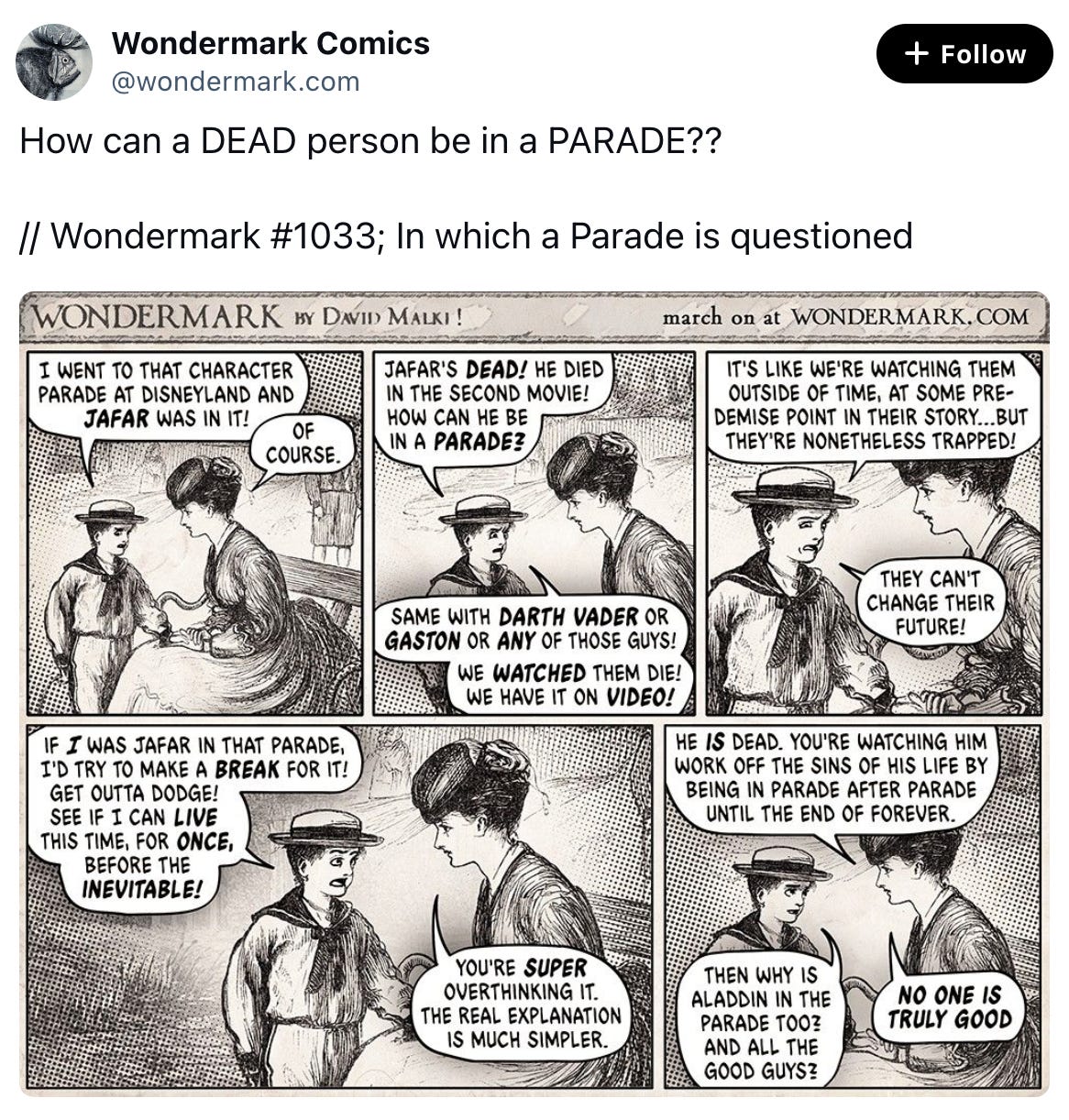  Wondermark Comics @wondermark.com How can a DEAD person be in a PARADE??  // Wondermark #1033; In which a Parade is questioned