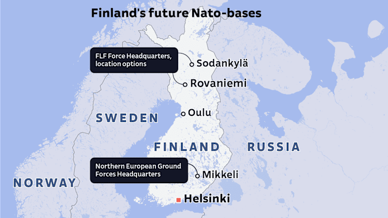 Map shows Finalnd's future Nato-bases: Northern European Grounf Forces Headquarters will be located in Mikkeli and FLF Force Headquarters either in Rovaniemi or Sodankylä. Map shows Finalnd's future Nato-bases: Northern European Grounf Forces Headquarters will be located in Mikkeli and FLF Force Headquarters either in Rovaniemi or Sodankylä.