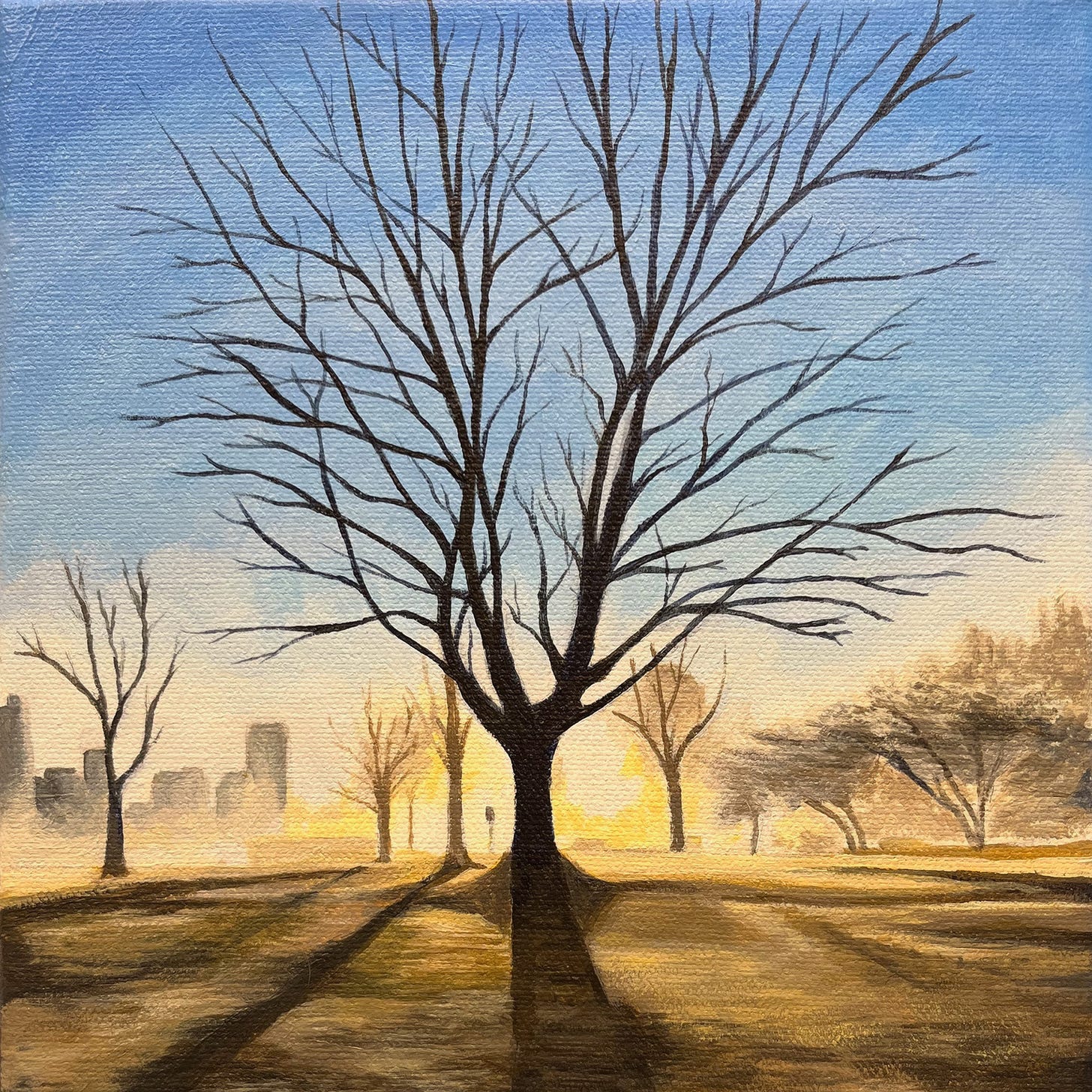 Painting of a large spindly tree in a frosty field against a golden winter sunrise.