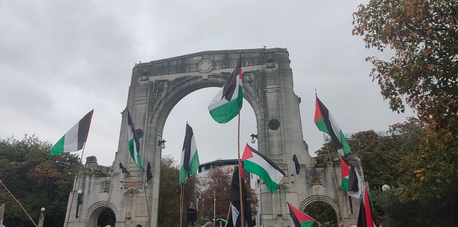 Palestine flags in front of a stone arch