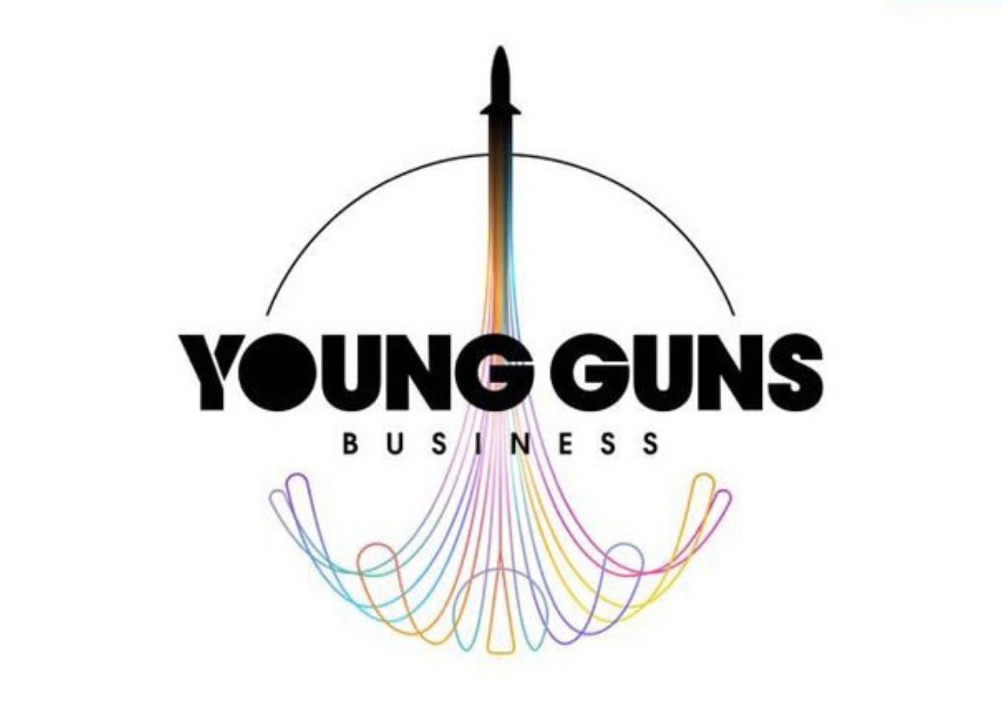 Logo do Young Guns Business em fundo branco. Ilustração de foguete decolando com diversas linhas coloridas formando o fogo/nuvem da decolagem.
