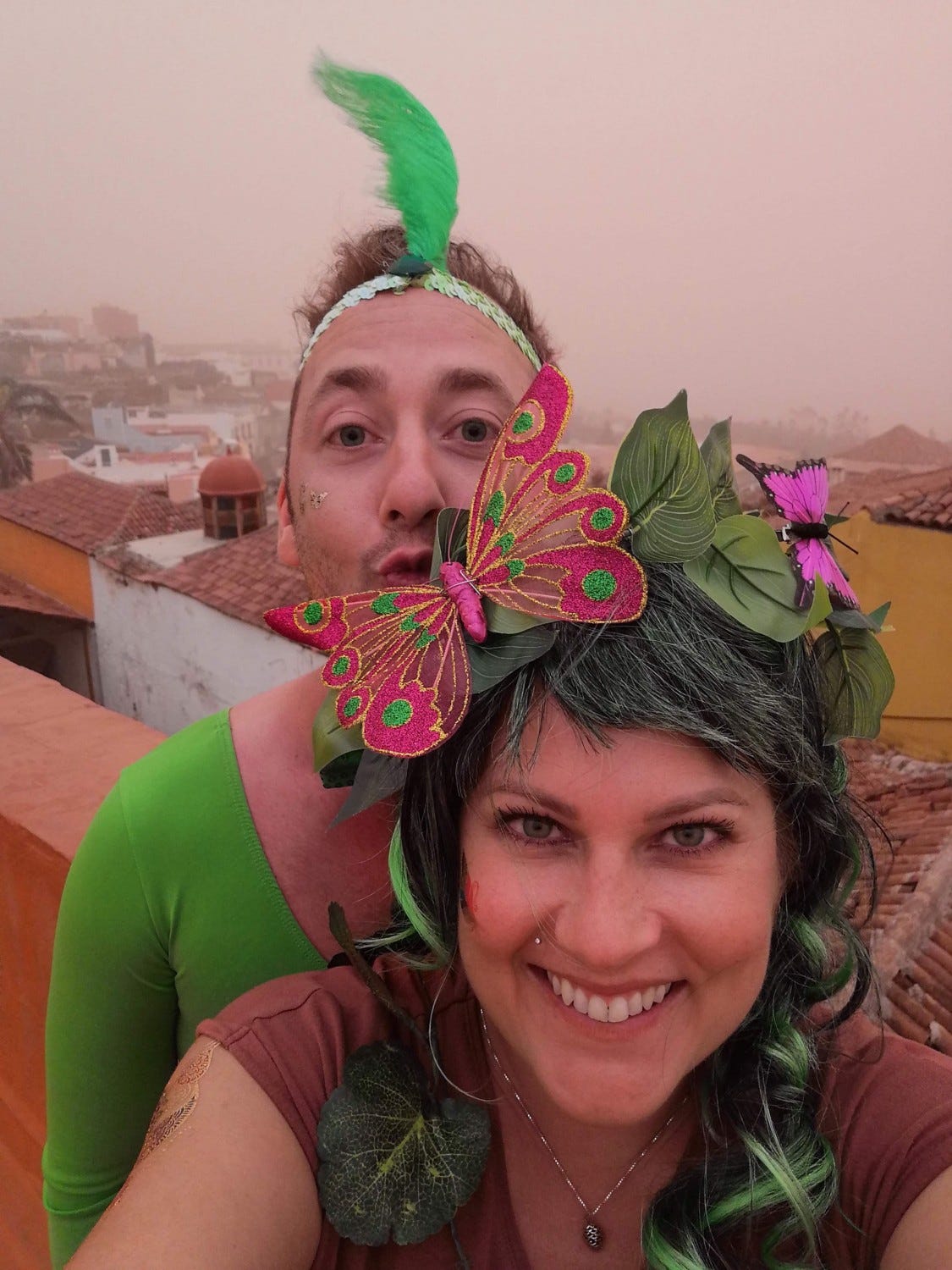 Celebrating Carnaval with my boyfriend Nicki despite the raging Calima sandstorm at Nine  Coliving, Tenerife.