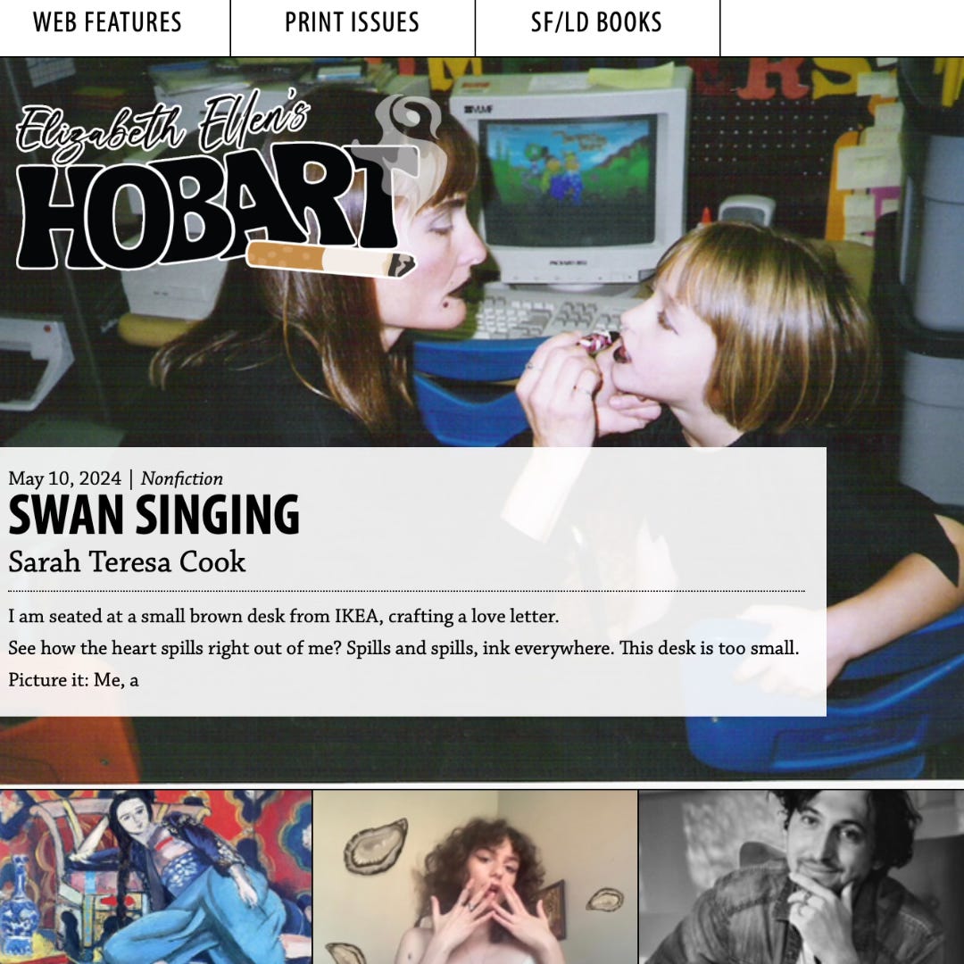 A screenshot of Sarah's published essay, "Swan Singing"