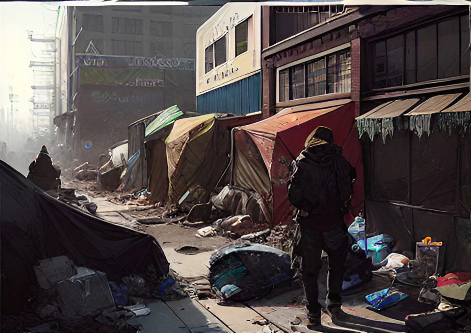 Painting of homeless encampment in Southern California