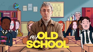 A film poster. The film is called My Old School. It features Alan Cumming, dressing in beige coat, and with grey curly hair, sitting at a school desk, looking straight at the camera. He has a serious expression. Around him, cartoon illustrations of other classmates are seated. The title My Old School is written in yellow writing across the poster. The classroom walls are a bright sky blue, and the cartoon illustrated people are colourful and vibrant. Alan Cumming's character is up front and central but grey and beige and insipid.