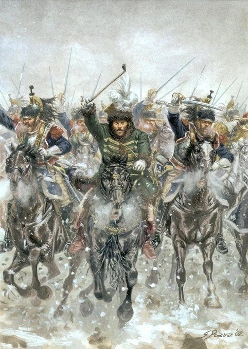 Murat leading the largest ever cavalry charge at Eylau, not long after the engagement at Heilsberg.