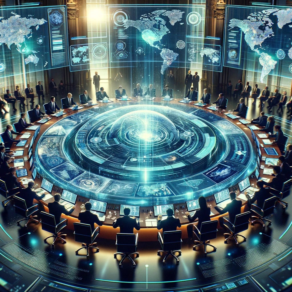 Visualize governments utilizing technology for the exchange of information. The image depicts a high-tech global summit, where representatives from various countries gather around a large, digital round table. This table displays interactive maps and data, highlighting the seamless flow of information between nations. Each delegate engages with the data through advanced devices, illustrating the collaborative effort to enhance transparency, security, and efficiency in international relations. The environment is futuristic, with holographic projections and digital interfaces facilitating the discussion. The scene underscores the pivotal role of technology in facilitating diplomatic communication and information sharing among governments, with a strong emphasis on blockchain and cybersecurity measures.