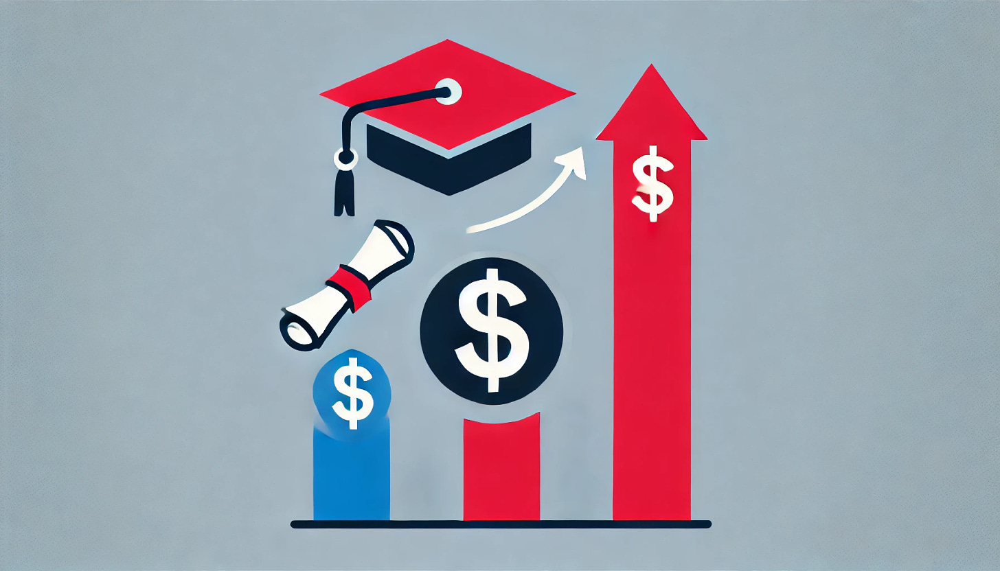 A minimalist graphic in landscape format using red, white, and blue to represent the high cost of student loan forgiveness. The image features a graduation cap, a dollar sign with an upward arrow, and a diploma, symbolizing the rising financial burden. The design is clean with no text and a plain background.