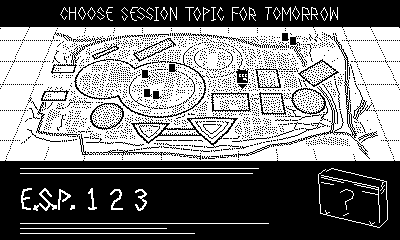 A map of the settlement with six dots. "Choose Session Topic for Tomorrow". ESP 123 is selected. There's a picture of a tape with a ?