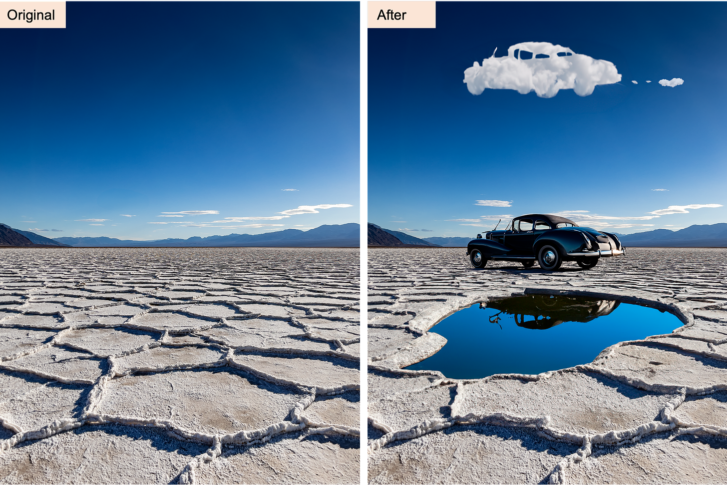 A before and after comparison of an image editing using Photoshop’s new Generative Fill feature. A salt plane has been extended, and now features a classic car and a reflective puddle.