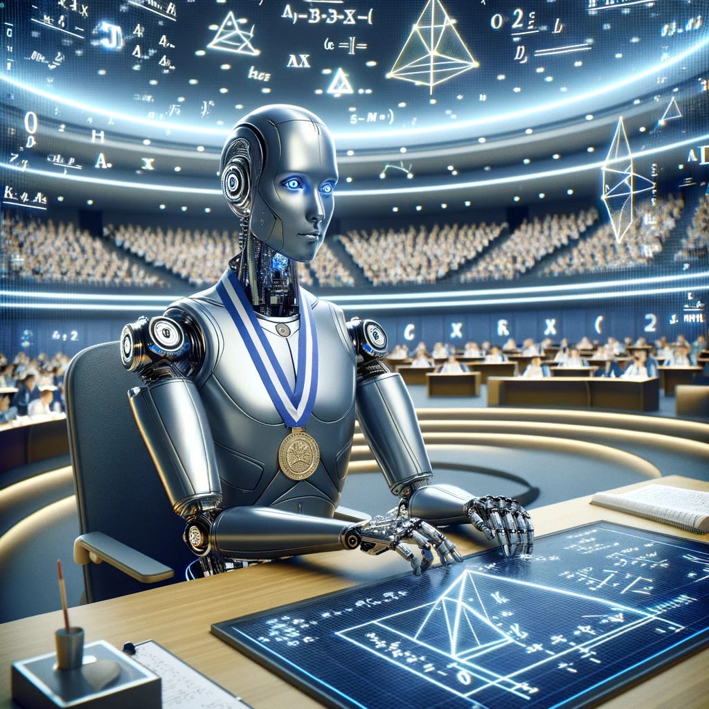 A futuristic scene depicting an advanced artificial intelligence model, represented as a sleek, metallic humanoid robot, sitting at a desk in an international math olympiad setting. The robot is intently focused on solving complex geometry problems displayed on a digital screen in front of it. Around its neck hangs a shining gold medal, symbolizing its achievement in the competition. The background features other competitors, human and robotic, in a large, modern auditorium filled with mathematical symbols and equations floating in the air, adding to the intellectual ambiance.