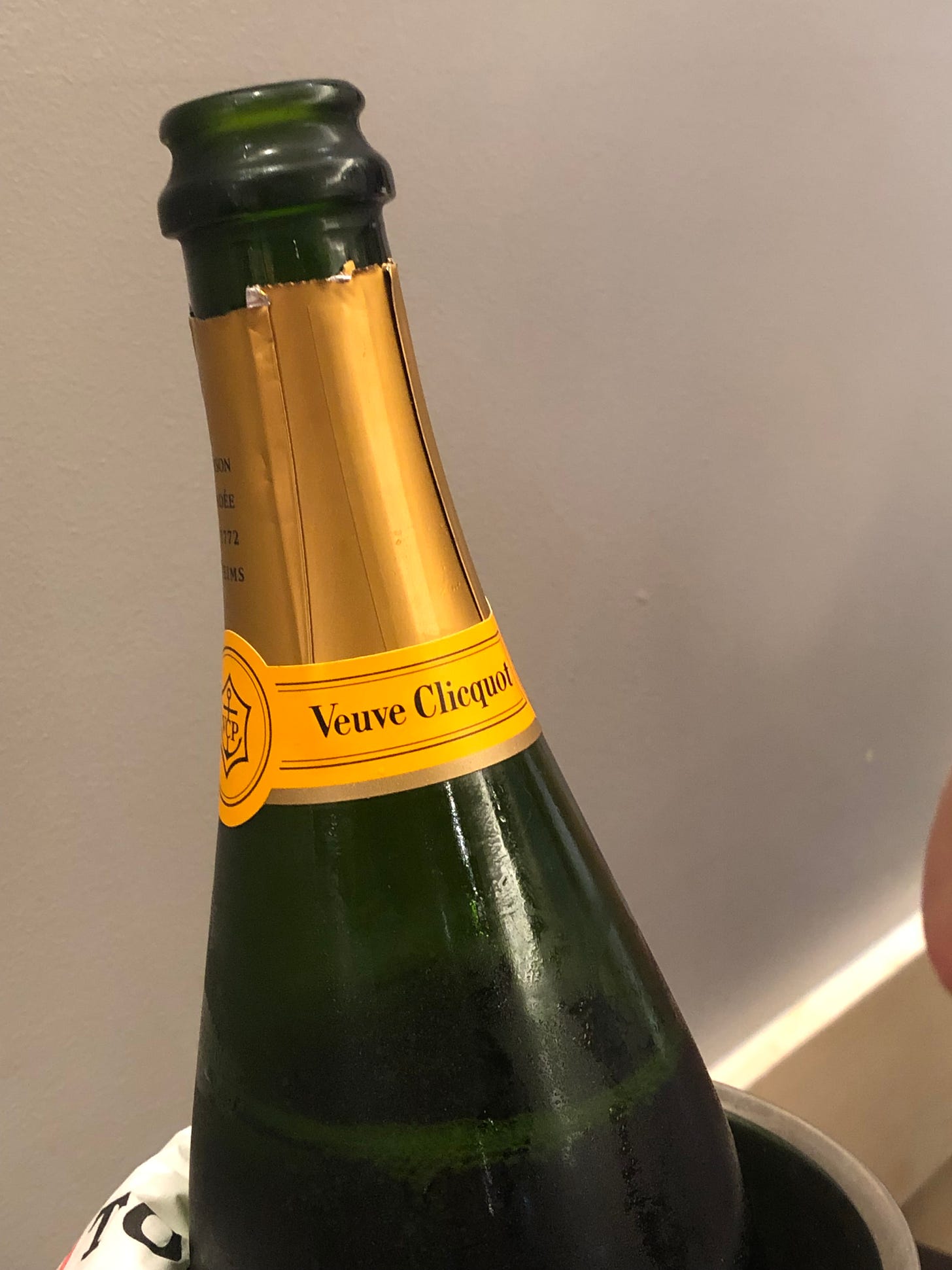 A bottle of Veuve Clicquot on ice
