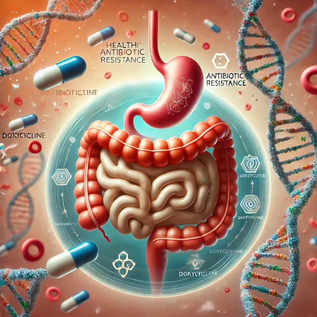 A scientific illustration showing the impact of doxycycline on the gut microbiome. The image includes a representation of the gut with healthy bacteria surrounded by doxycycline antibiotic molecules. A visual cue for antibiotic resistance, such as bacteria developing shields or barriers, is shown to indicate the rise of resistance. The background should include subtle DNA strands to represent genetic changes and a soft, medical color palette to emphasize health and microbiome balance.