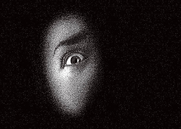 Terrified eye peeking in the dark Terrified female eye peeking in the dark delusional pics stock illustrations