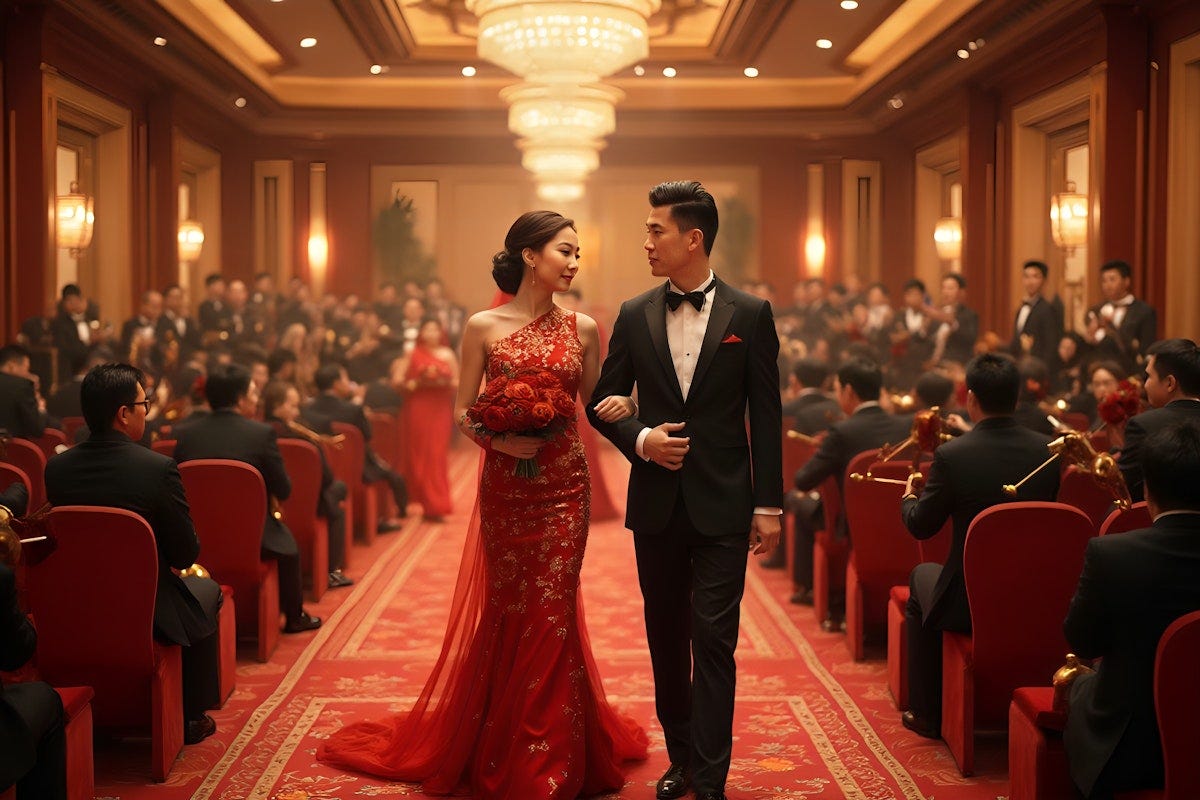 "A Chinese Christian Wedding. Luxurious settings. Beautiful picture, bride, groom, and parents and family on both sides, both young and old. Photorealistic. Choir with an orchestra of instruments. Panoramic Picture."