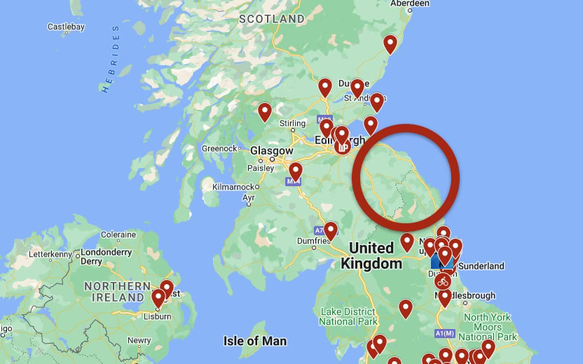 A map with a red ring around the Scottish Borders