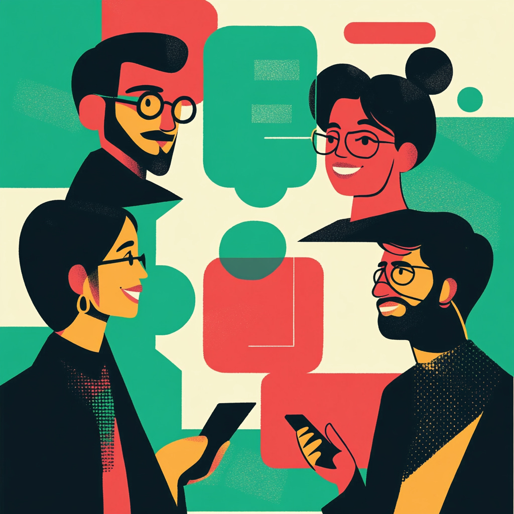 Graphic image of four people chatting