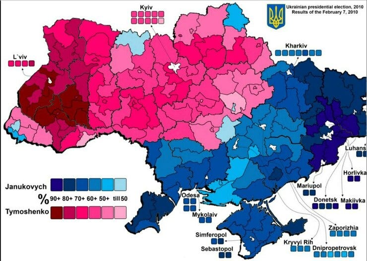 Ukraine's 2010 Presidential election results show two politically distinct regions, one favoring a pro-Russia candidate (blue), the other a pro-Western one (red)